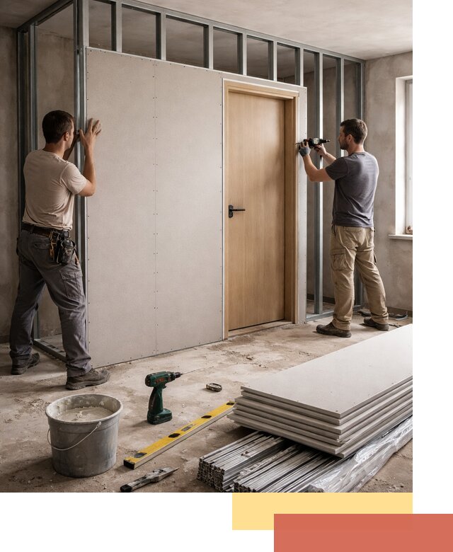 Перегородка из гипсокартона с дверью под ключ в Ангарске