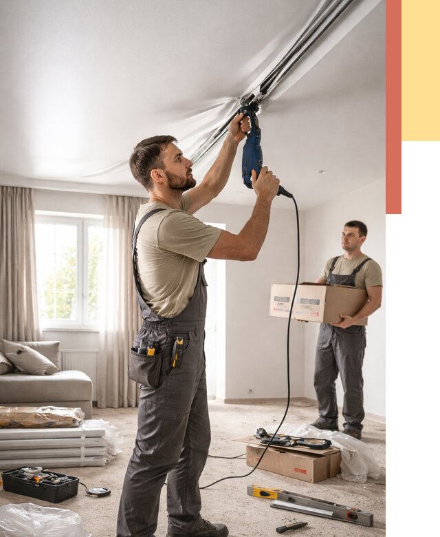 Монтаж сатинового натяжного потолка в Ангарске от 3596 руб. | Быстро, недорого — ОТДЕЛОЧНИК-Нгр