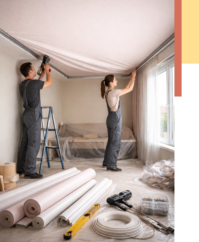 Монтаж цветного натяжного потолка в Ангарске от 4315 руб/м² — быстро и недорого | ОТДЕЛОЧНИК-Нгр