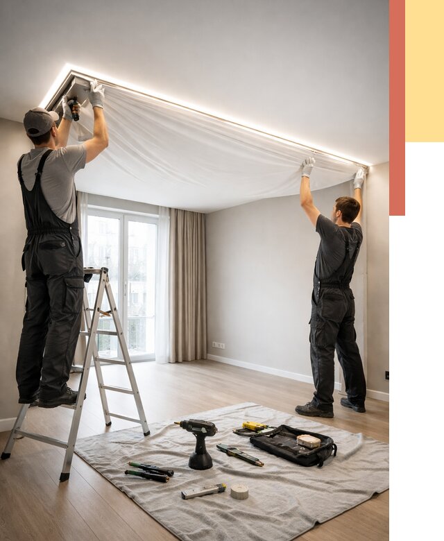 Монтаж парящего натяжного потолка в Ангарске от 4623 руб. быстро и недорого | ОТДЕЛОЧНИК-Нгр