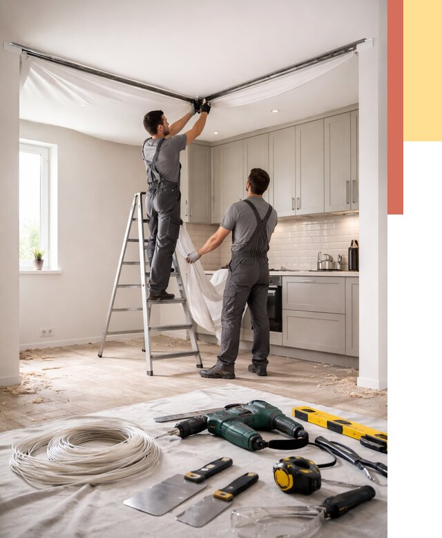 Установка натяжного потолка на кухне в Ангарске от 2466 руб. | ОТДЕЛОЧНИК-Нгр