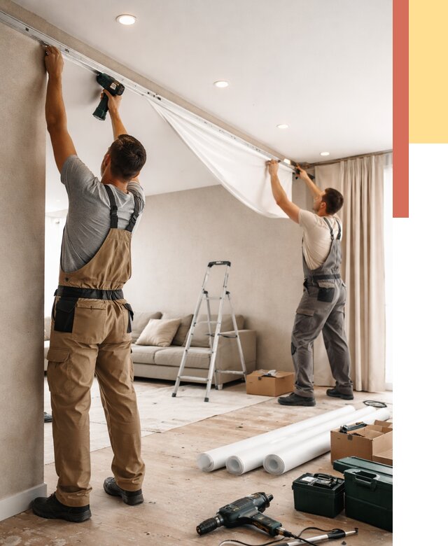 Монтаж натяжного потолка в гостиной в Ангарске от 565 руб. | ОТДЕЛОЧНИК-Нгр