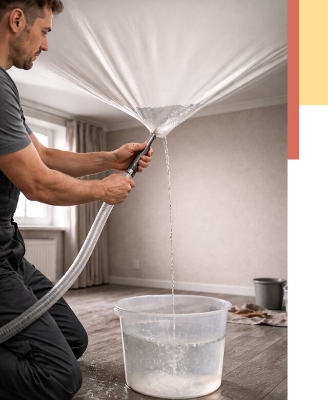 Слив воды с натяжного потолка в Ангарске от 2569 руб. быстро и недорого | ОТДЕЛОЧНИК-Нгр