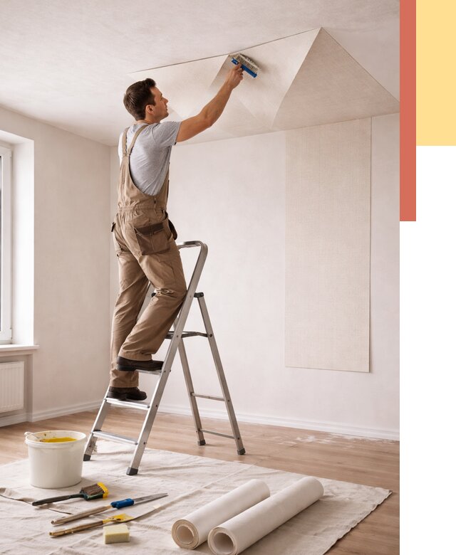 Поклейка обоев на потолок в Ангарске от 4623 руб. быстро и недорого | ОТДЕЛОЧНИК-Нгр